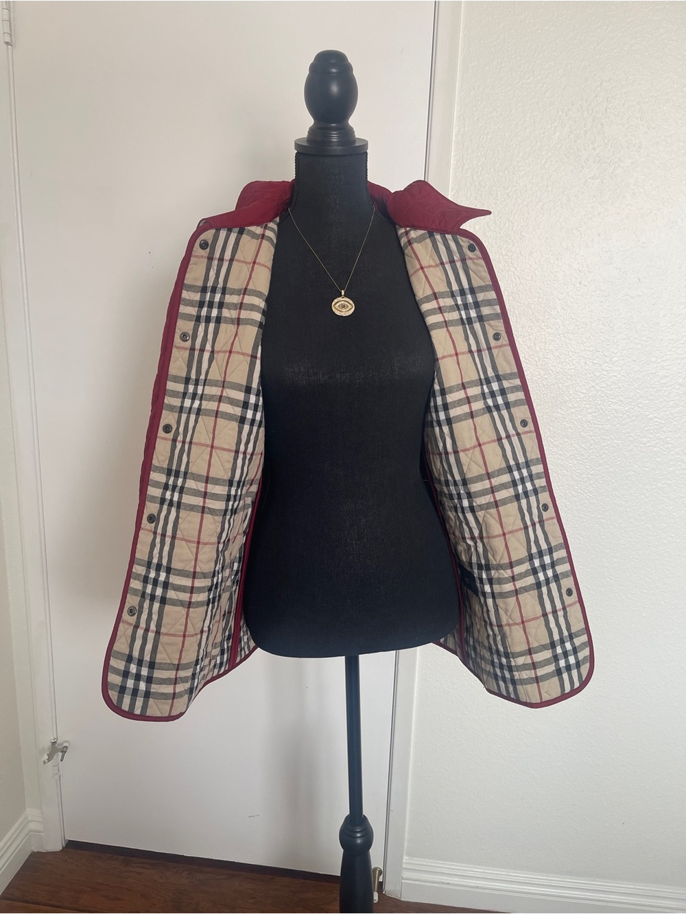 Burberry Quilted Red Puffer Jacket with Signature Plaid Trim - Picture 3 of 13